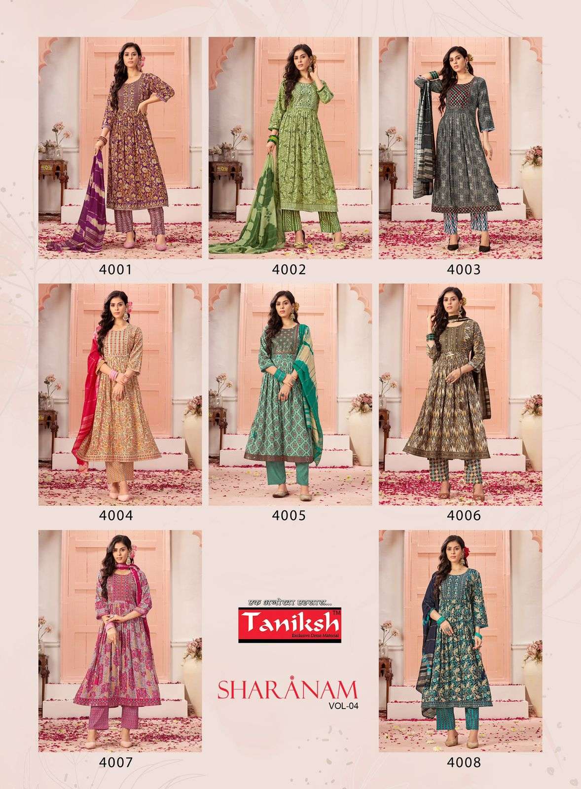 SHARNAM VOL-4 BY TANISHK HEAVY RAYON NAYRA CUT WITH SIKVANS EMBROIDERY WORK