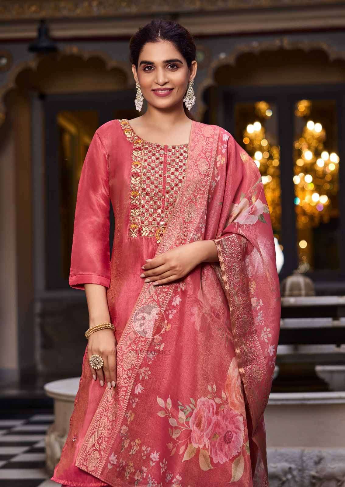 SILK AFFAIR VOL-4 DESIGN NO-3834 BY ANJU FABRICS TISSUE SHIMMER BEAUTIFUL EMBROIDERY HANDWORK KURTI PANT WITH DUPATTA  