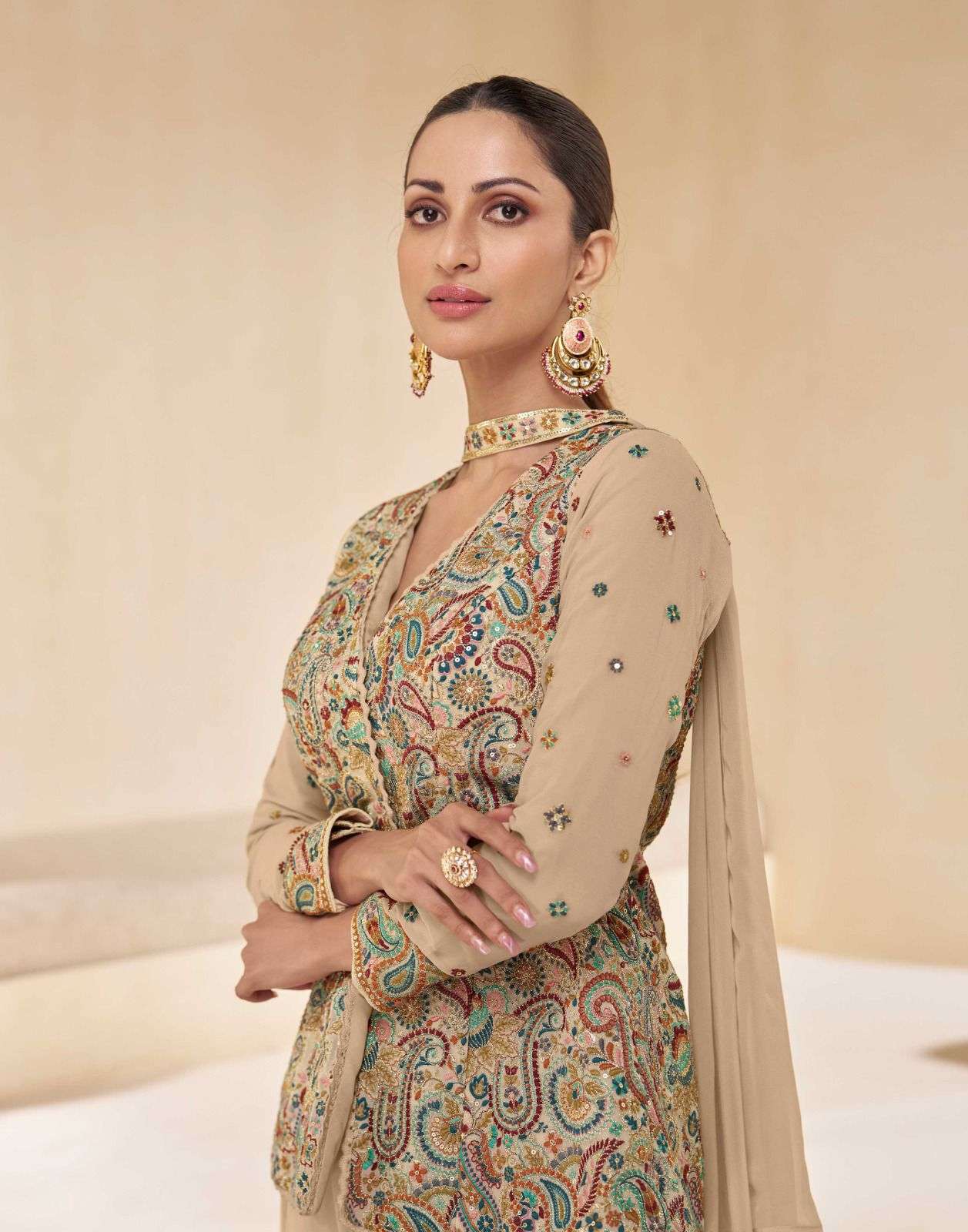 SITARA BY SAYURI DESIGNER REAL GEORGETTE WEDDING WEAR EMBROIDERY KURTI PLAZO WITH DUPATTA 