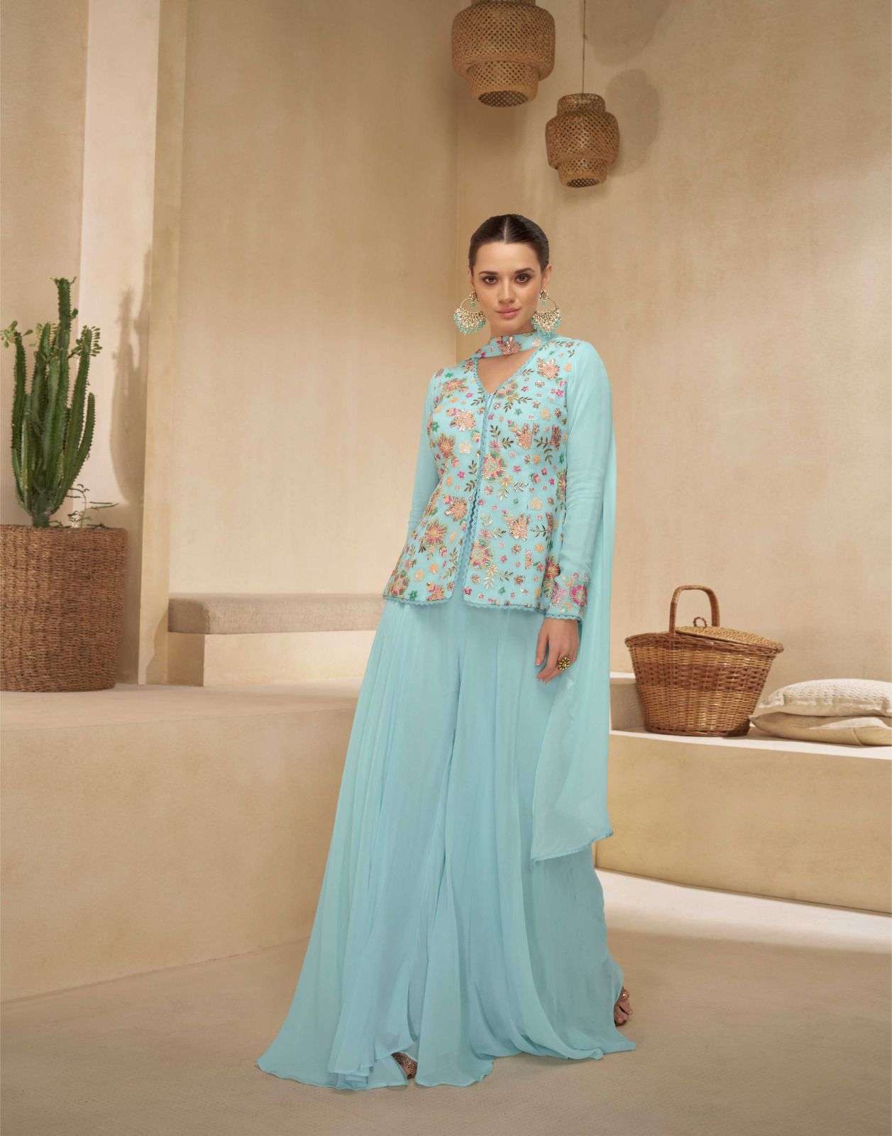 SITARA BY SAYURI DESIGNER REAL GEORGETTE WEDDING WEAR EMBROIDERY KURTI PLAZO WITH DUPATTA 