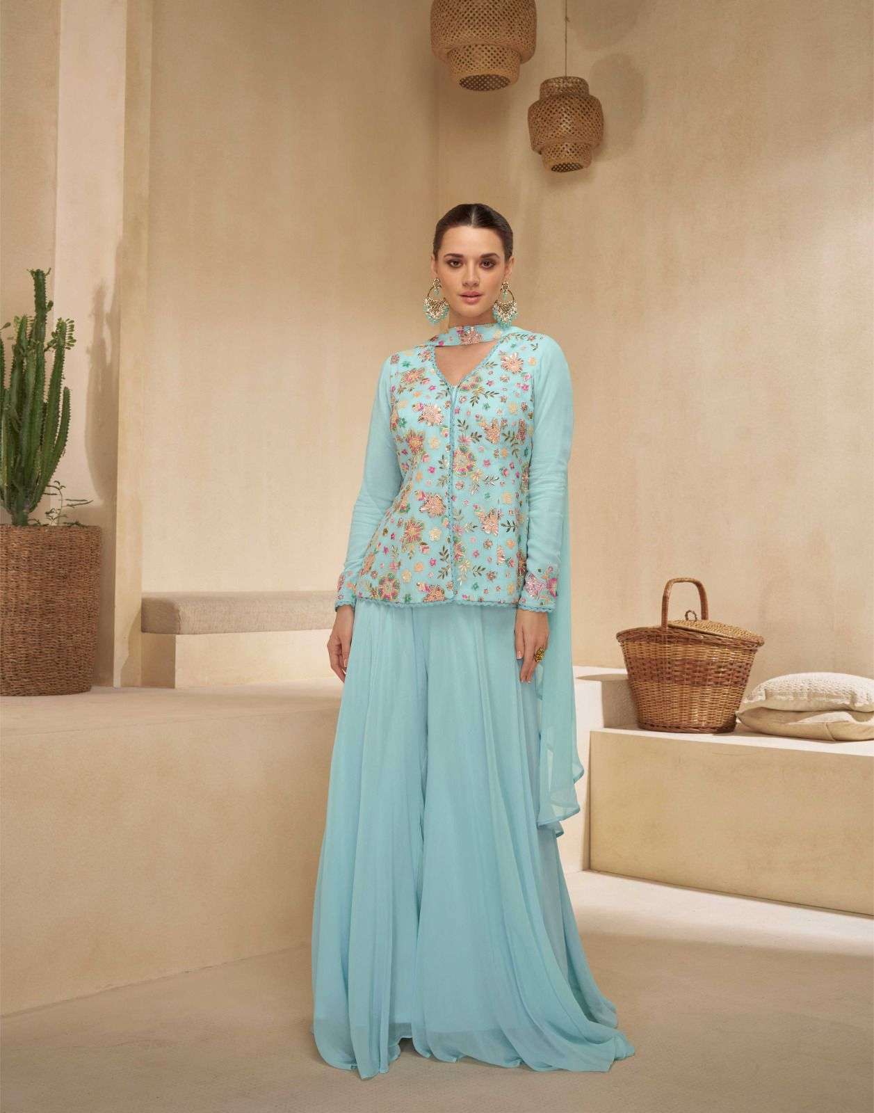 SITARA BY SAYURI DESIGNER REAL GEORGETTE WEDDING WEAR EMBROIDERY KURTI PLAZO WITH DUPATTA 