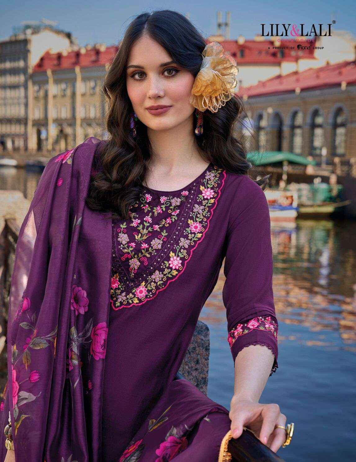 SRIVAALI BY LILY & LALI VISCOSE PANT WITH ORGANZA EMBROIDERY LACE KURTI PANT WITH DUPATTA 