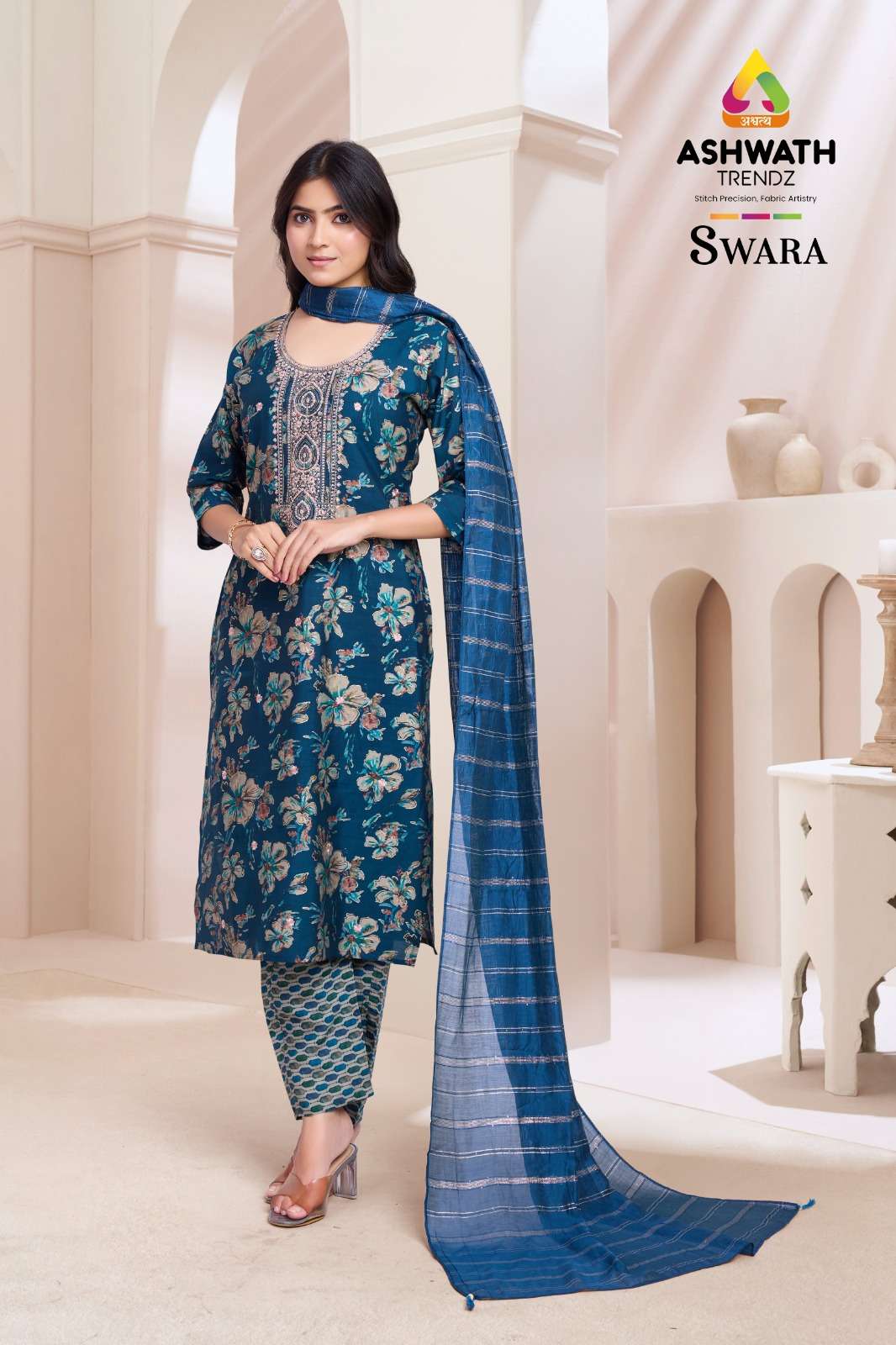 SWARA BY ASHWATH TRENDZ MODAL FOIL PRINT KURTI PANT WITH SOFT CHANDERI SEQUINS GOLD LINE DUPATTA 