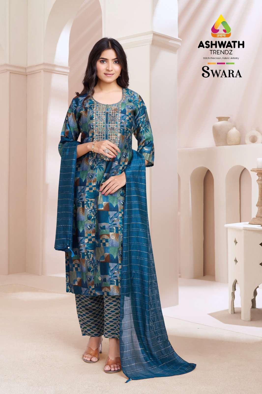 SWARA BY ASHWATH TRENDZ MODAL FOIL PRINT KURTI PANT WITH SOFT CHANDERI SEQUINS GOLD LINE DUPATTA 