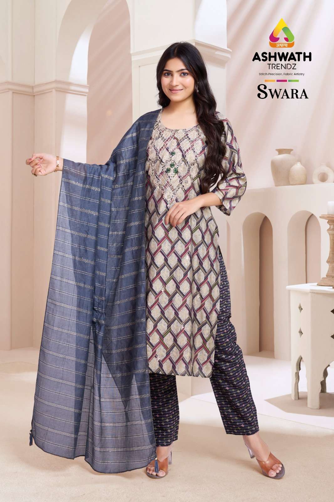 SWARA BY ASHWATH TRENDZ MODAL FOIL PRINT KURTI PANT WITH SOFT CHANDERI SEQUINS GOLD LINE DUPATTA 