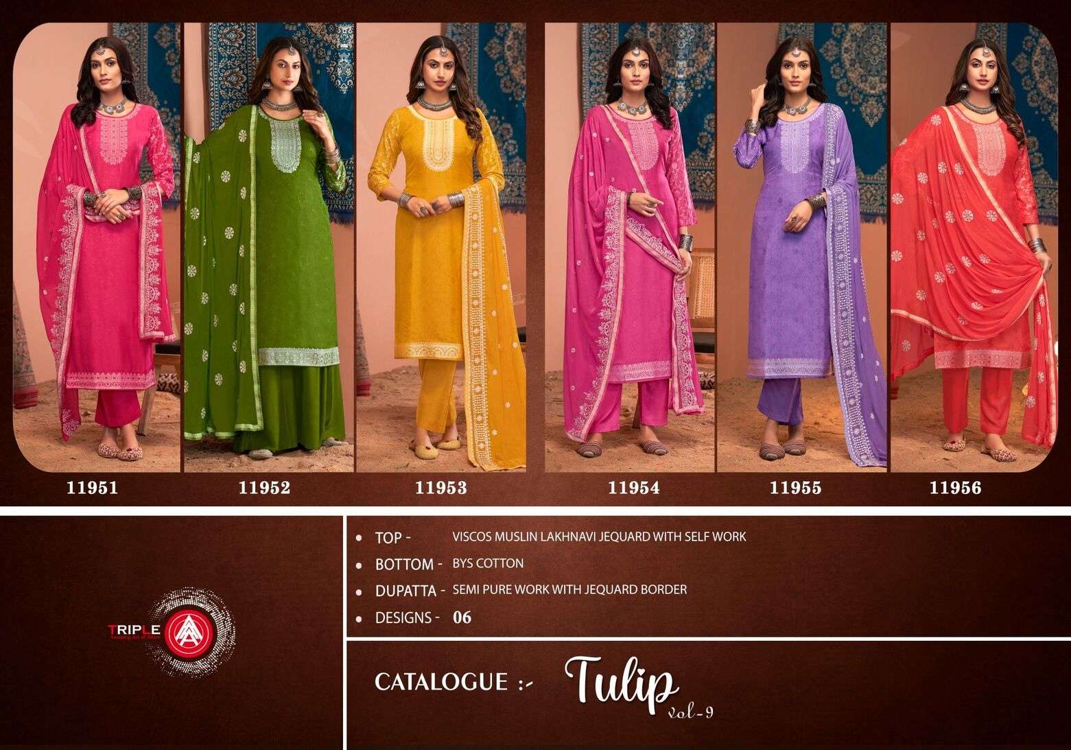 TULIP VOL-9 BY TRIPLE A VISCOSE MUSLIN LAKHNAVI SELF WORK KURTI PLAZO WITH DUPATTA 