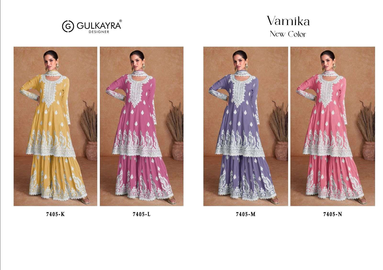 VAMIKA NEW COLOUR BY GULKAYRA DESIGNER REAL CHINON HEAVY EMBROIDERY KURTI PLAZO WITH DUPATTA 