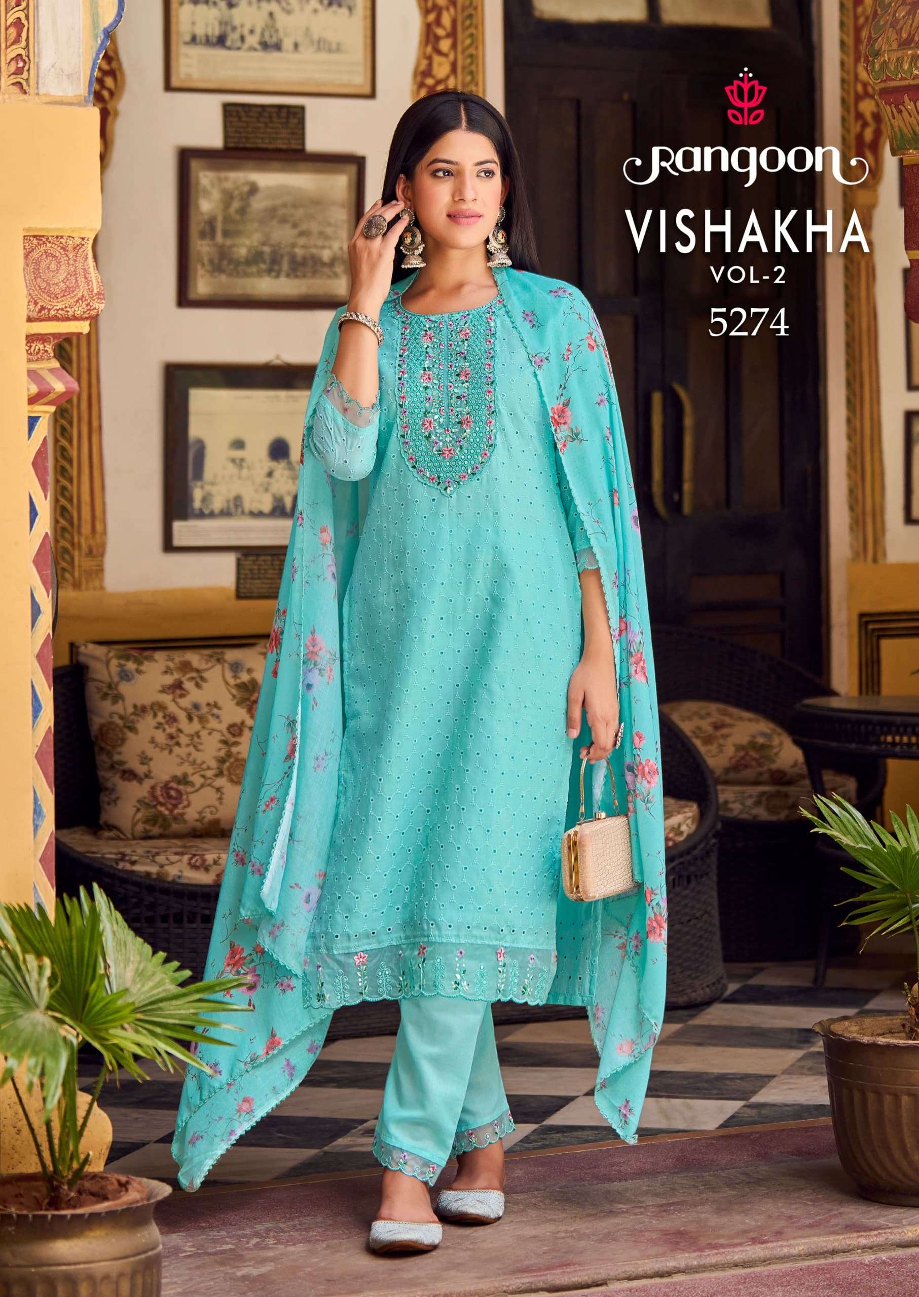 VISHAKHA VOL-2 BY RANGOON PURE COTTON KHATLI MIRROR HANDWORK KURTI PANT WITH DUPATTA 