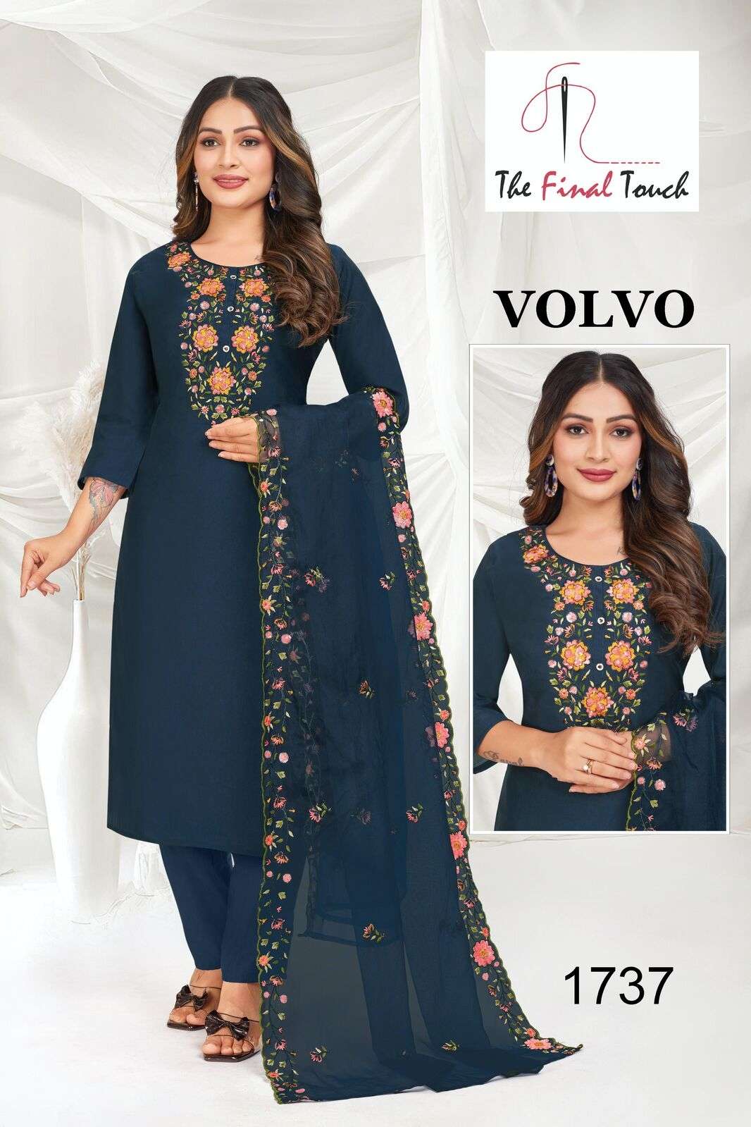 VOLVO BY THE FINAL TOUCH 3 PCS PURE SILK WITH BEAUTIFUL EMBROIDERY WORK & POCKET 