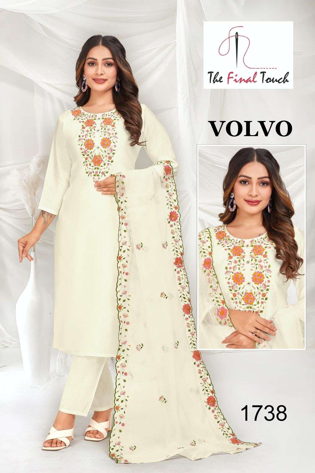 VOLVO BY THE FINAL TOUCH 3 PCS PURE SILK WITH BEAUTIFUL EMBROIDERY WORK & POCKET 