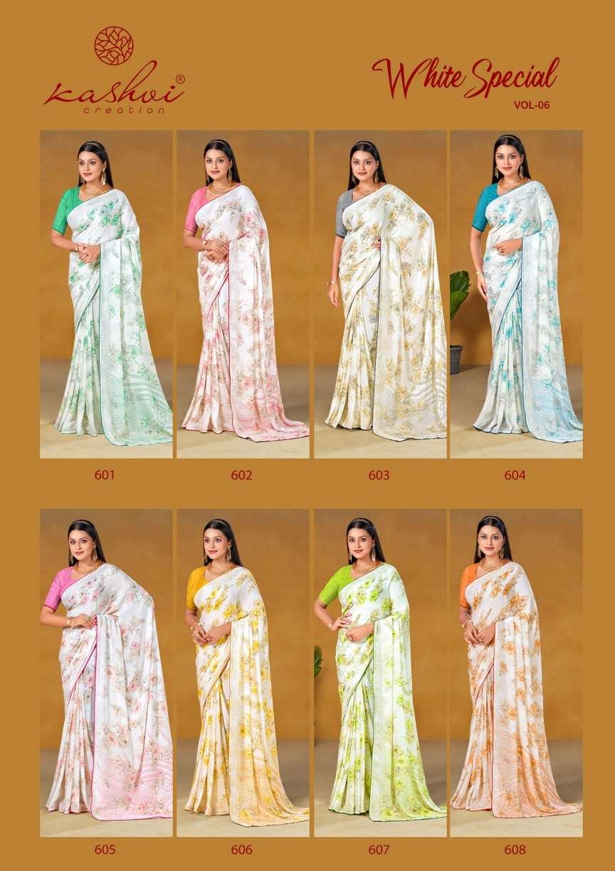 WHITE SPECIAL VOL-6 BY KASHVI CREATION DULL MOSS LIGHT COLOUR PRINTED SAREES 