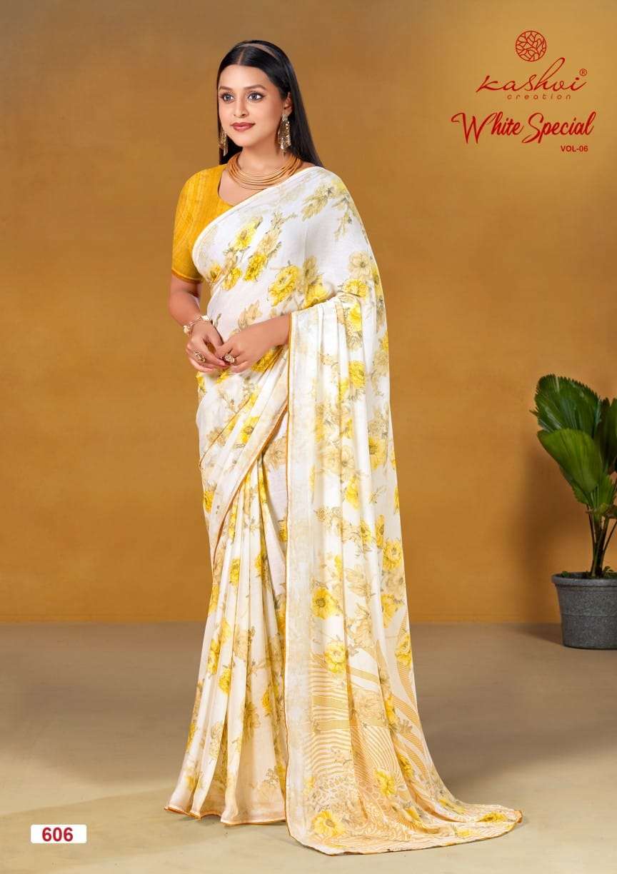 WHITE SPECIAL VOL-6 BY KASHVI CREATION DULL MOSS LIGHT COLOUR PRINTED SAREES 