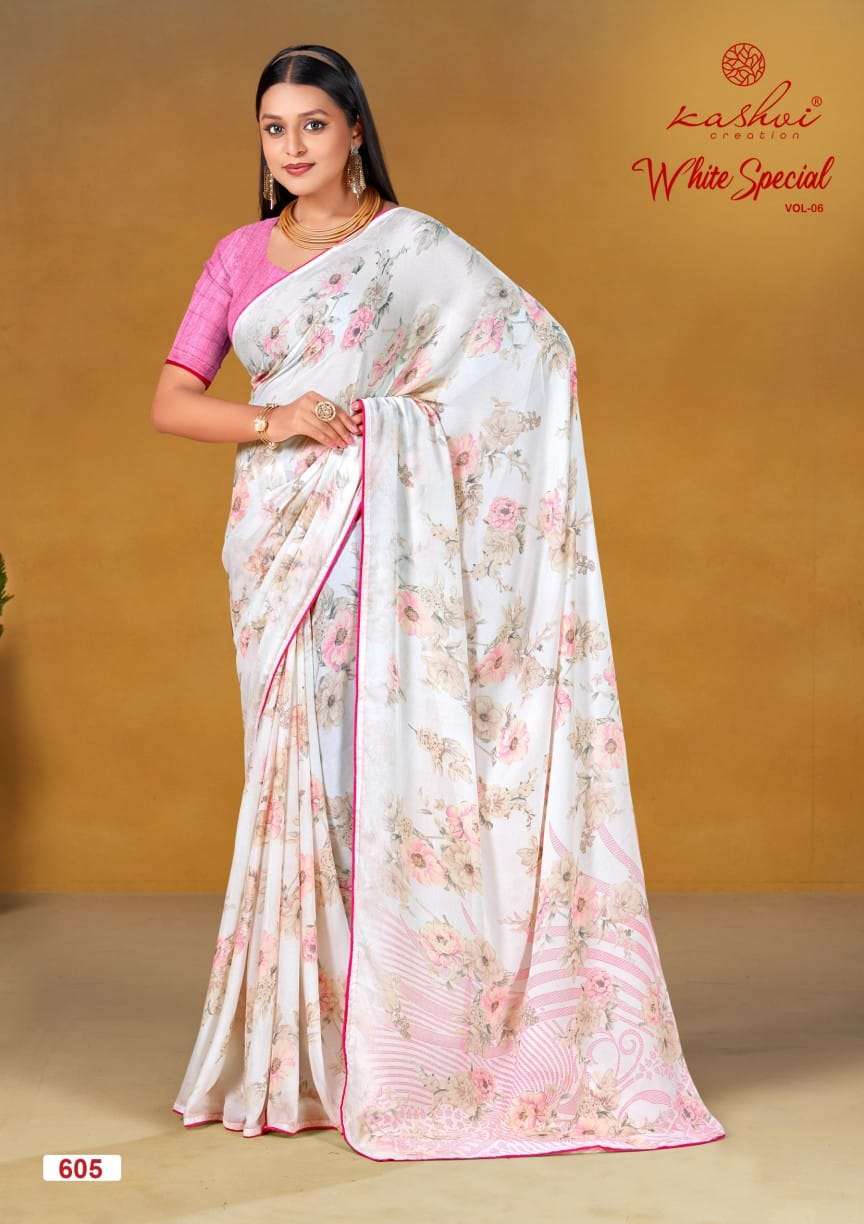 WHITE SPECIAL VOL-6 BY KASHVI CREATION DULL MOSS LIGHT COLOUR PRINTED SAREES 