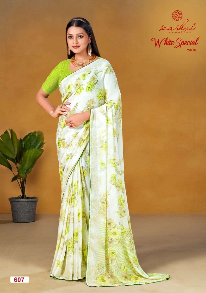 WHITE SPECIAL VOL-6 BY KASHVI CREATION DULL MOSS LIGHT COLOUR PRINTED SAREES 