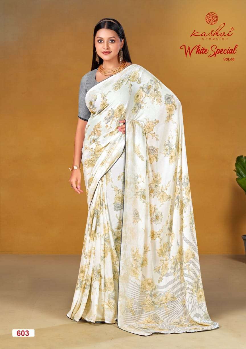 WHITE SPECIAL VOL-6 BY KASHVI CREATION DULL MOSS LIGHT COLOUR PRINTED SAREES 