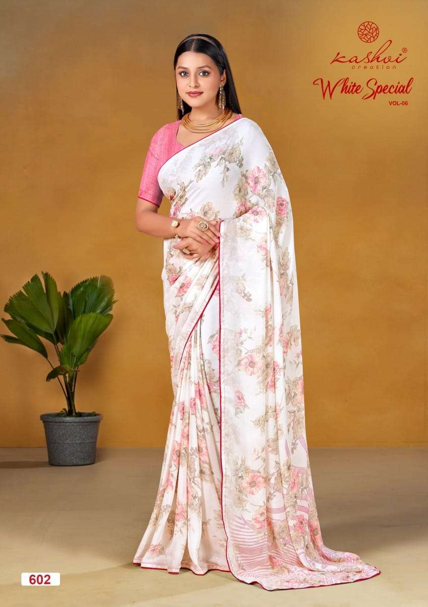 WHITE SPECIAL VOL-6 BY KASHVI CREATION DULL MOSS LIGHT COLOUR PRINTED SAREES 