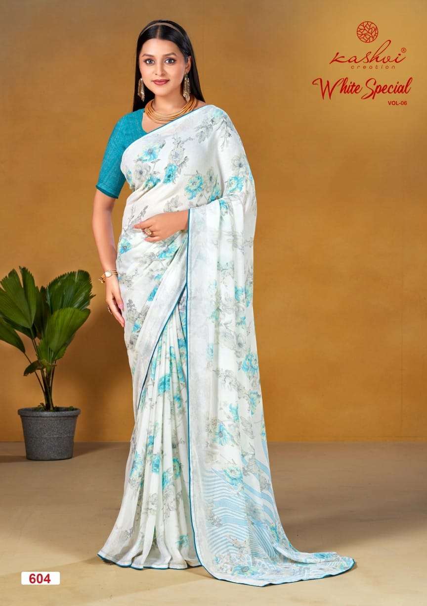 WHITE SPECIAL VOL-6 BY KASHVI CREATION DULL MOSS LIGHT COLOUR PRINTED SAREES 