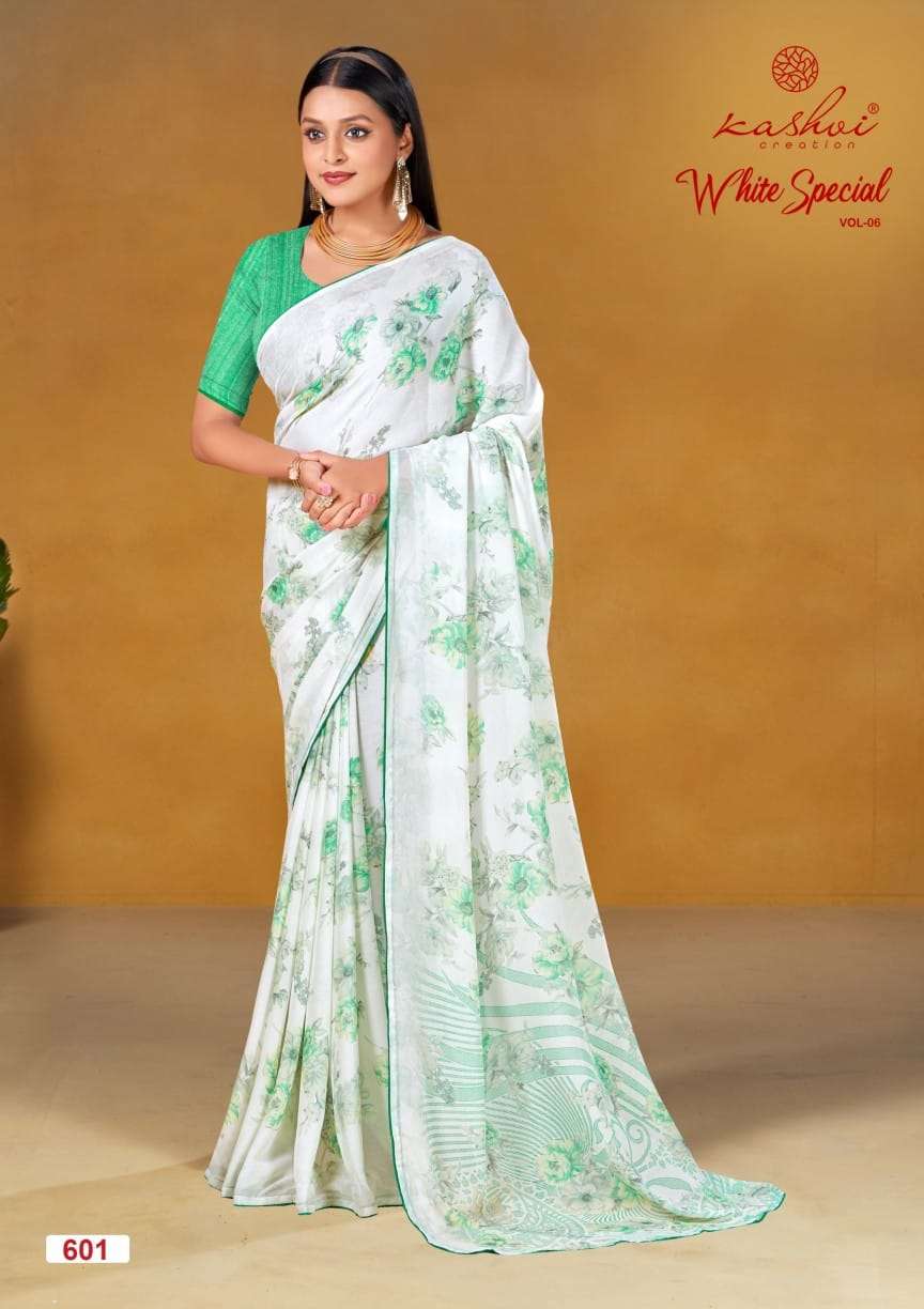 WHITE SPECIAL VOL-6 BY KASHVI CREATION DULL MOSS LIGHT COLOUR PRINTED SAREES 
