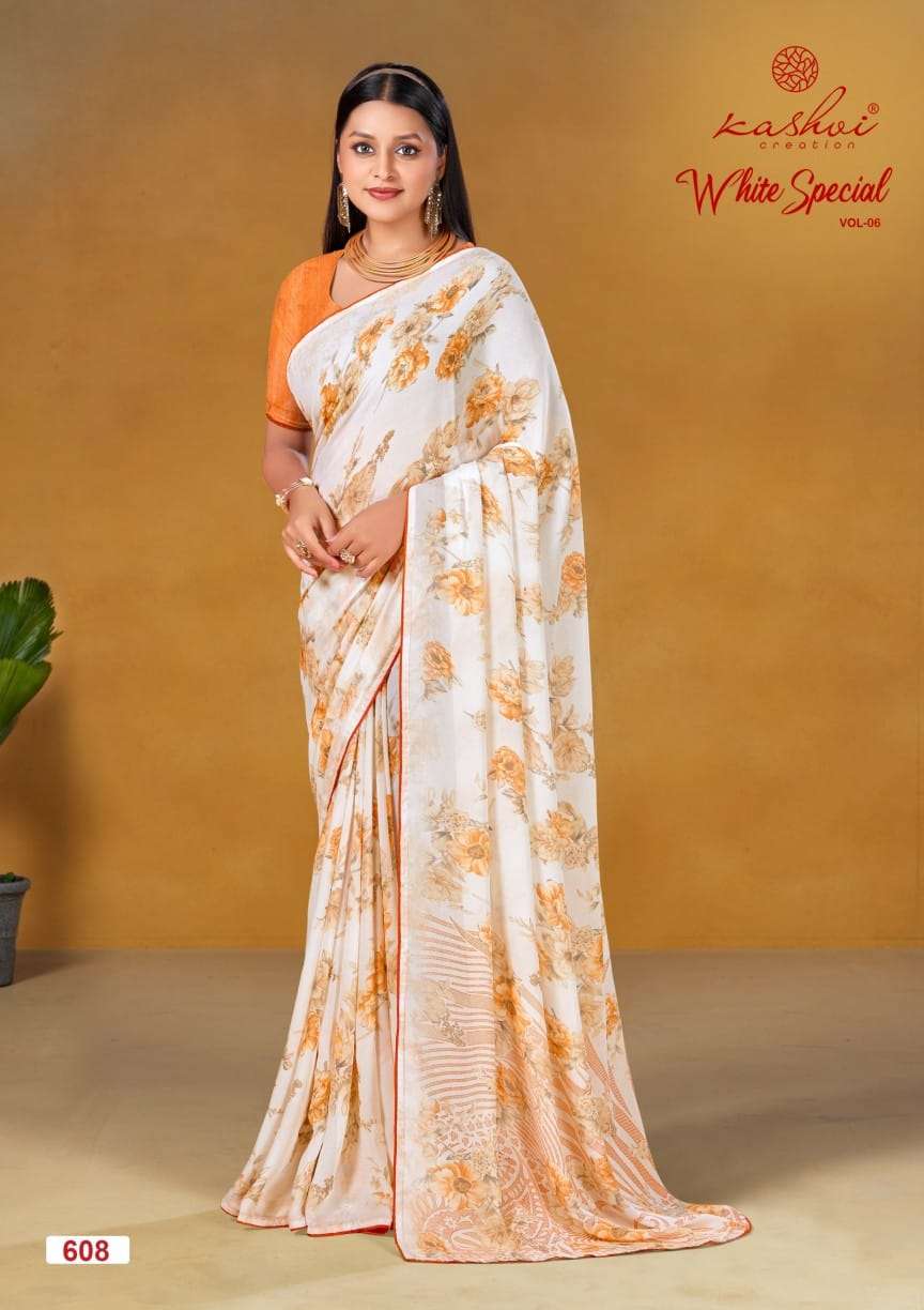 WHITE SPECIAL VOL-6 BY KASHVI CREATION DULL MOSS LIGHT COLOUR PRINTED SAREES 