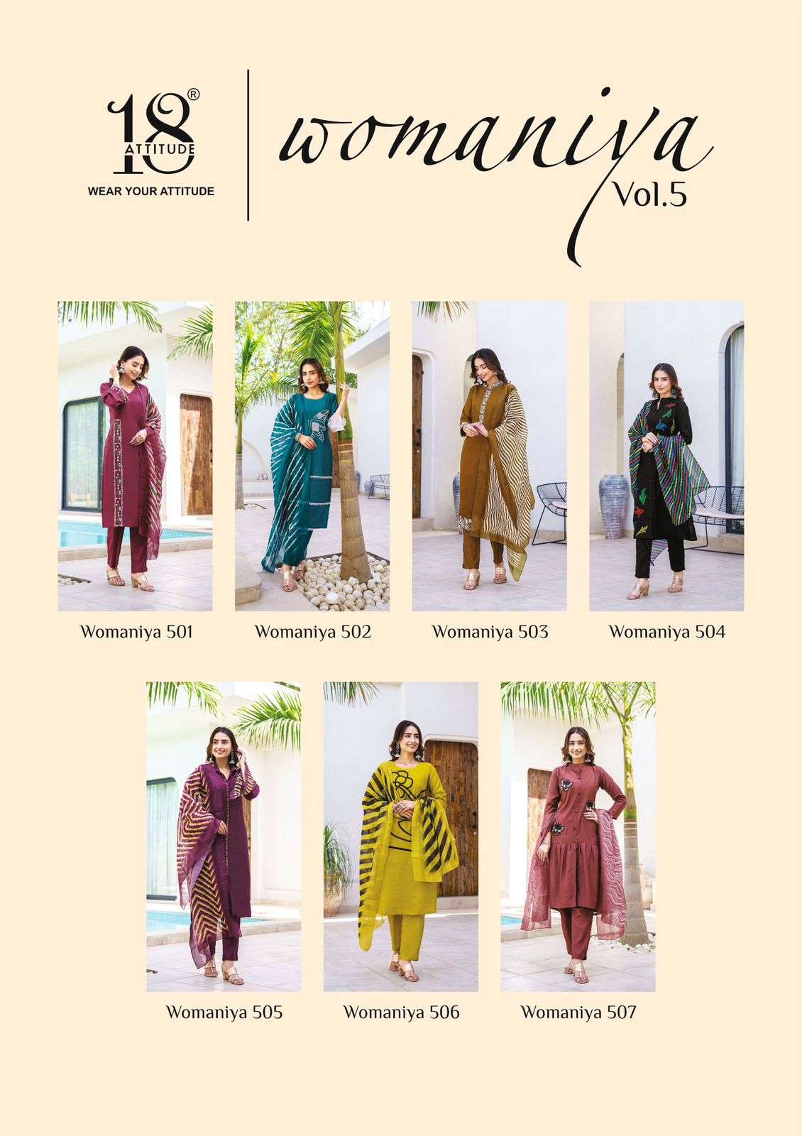 WOMANIYA VOL-5 BY 18 ATTITUDE VISCOSE KURTI PANT WITH DIGITAL LEHRIYA DUPATTA 