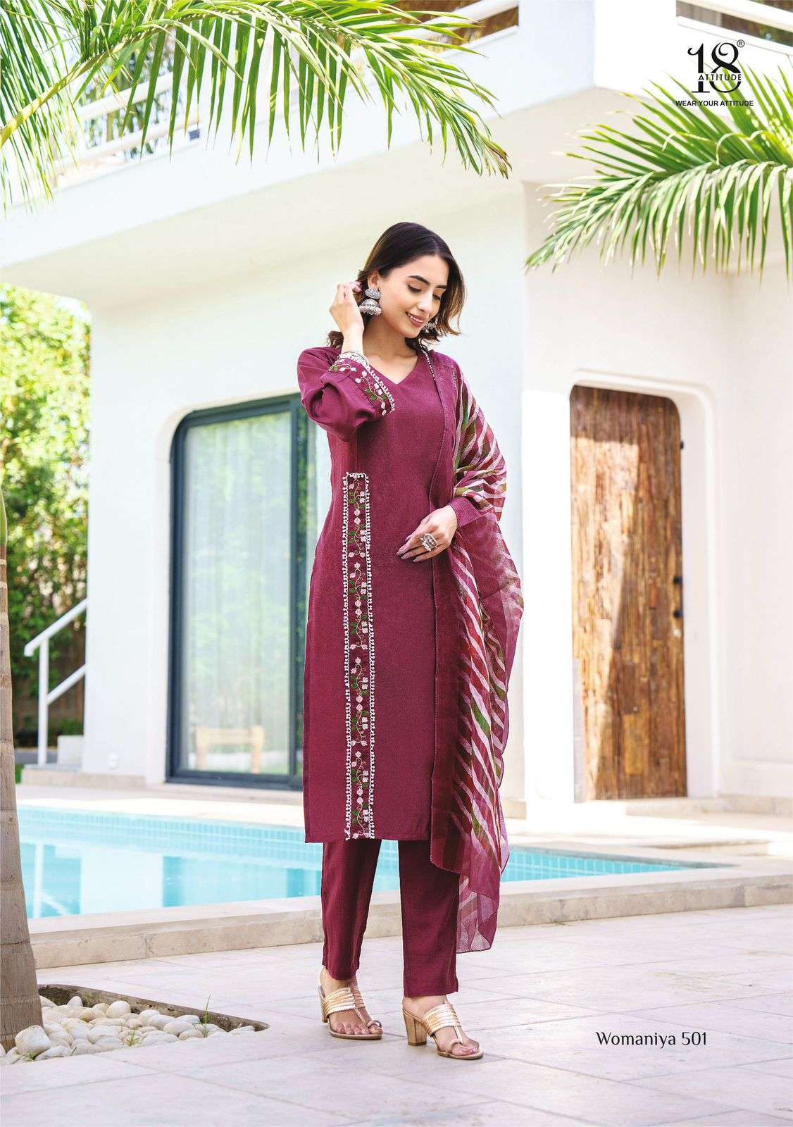 WOMANIYA VOL-5 BY 18 ATTITUDE VISCOSE KURTI PANT WITH DIGITAL LEHRIYA DUPATTA 