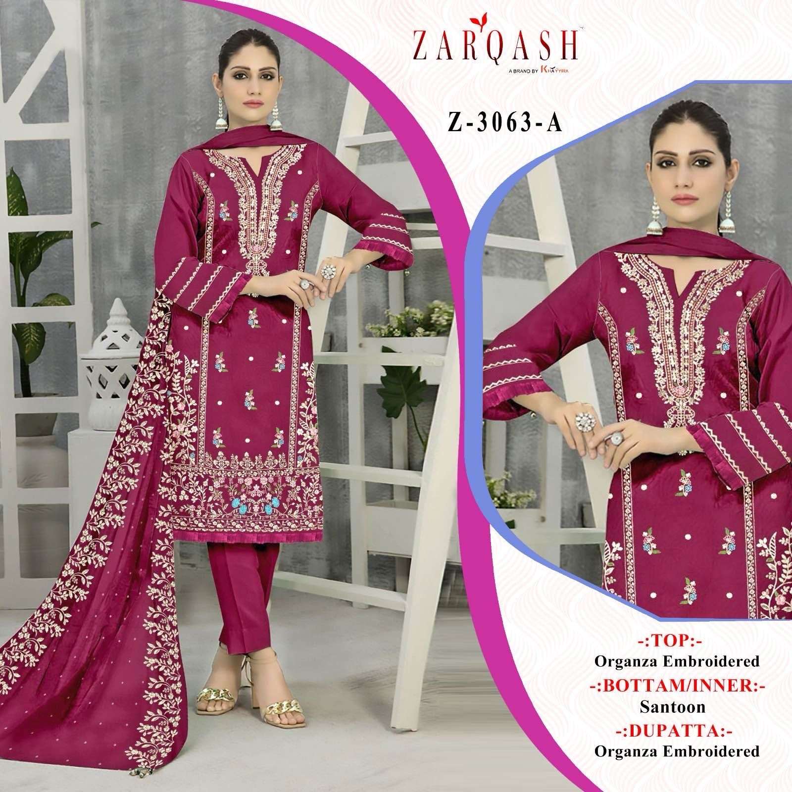 Z- 3063 (A-B-C-D) BY ZARQASH ORGANZA EMBROIDERY WITH STONE WORK DESIGNER SALWAR SUITS 