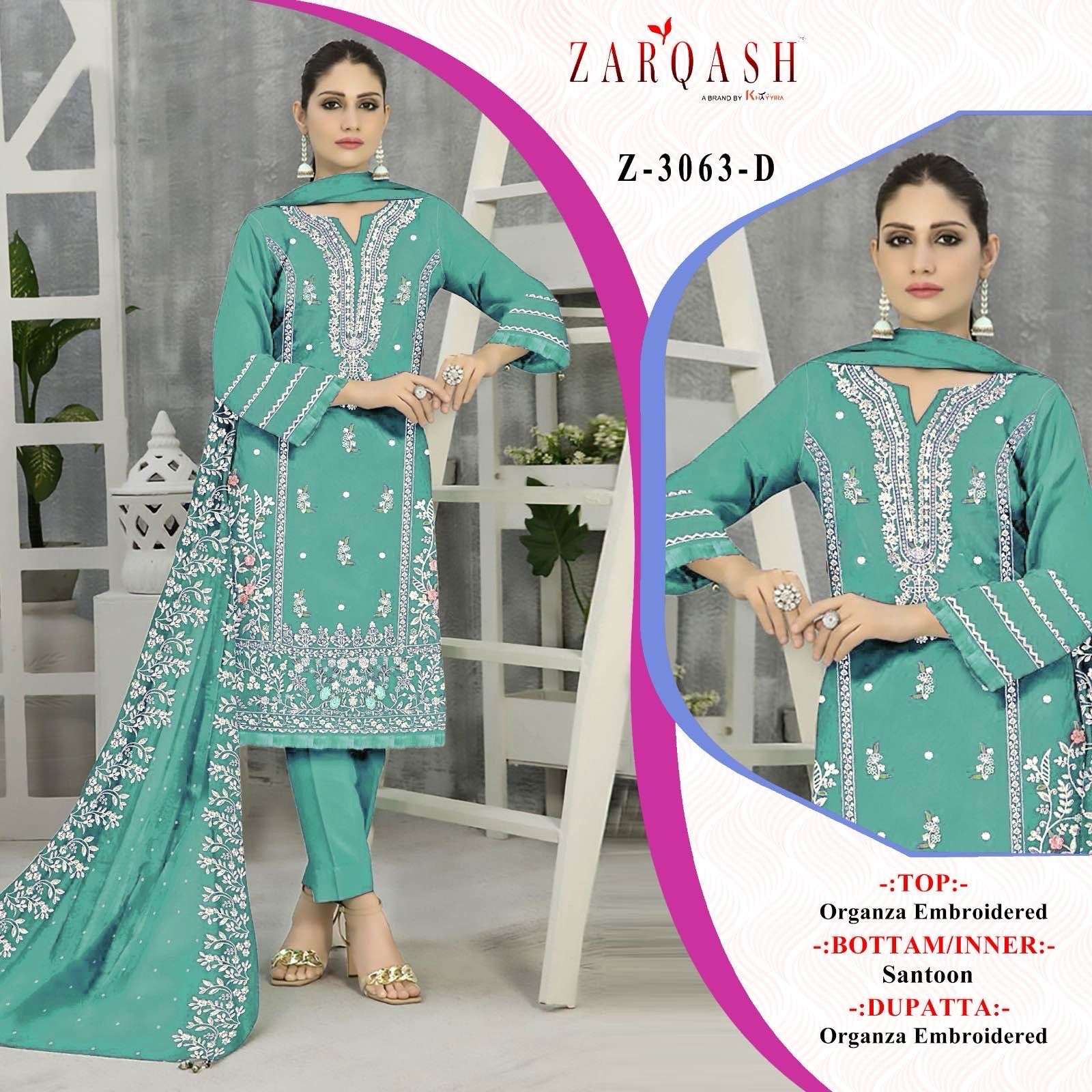 Z- 3063 (A-B-C-D) BY ZARQASH ORGANZA EMBROIDERY WITH STONE WORK DESIGNER SALWAR SUITS 