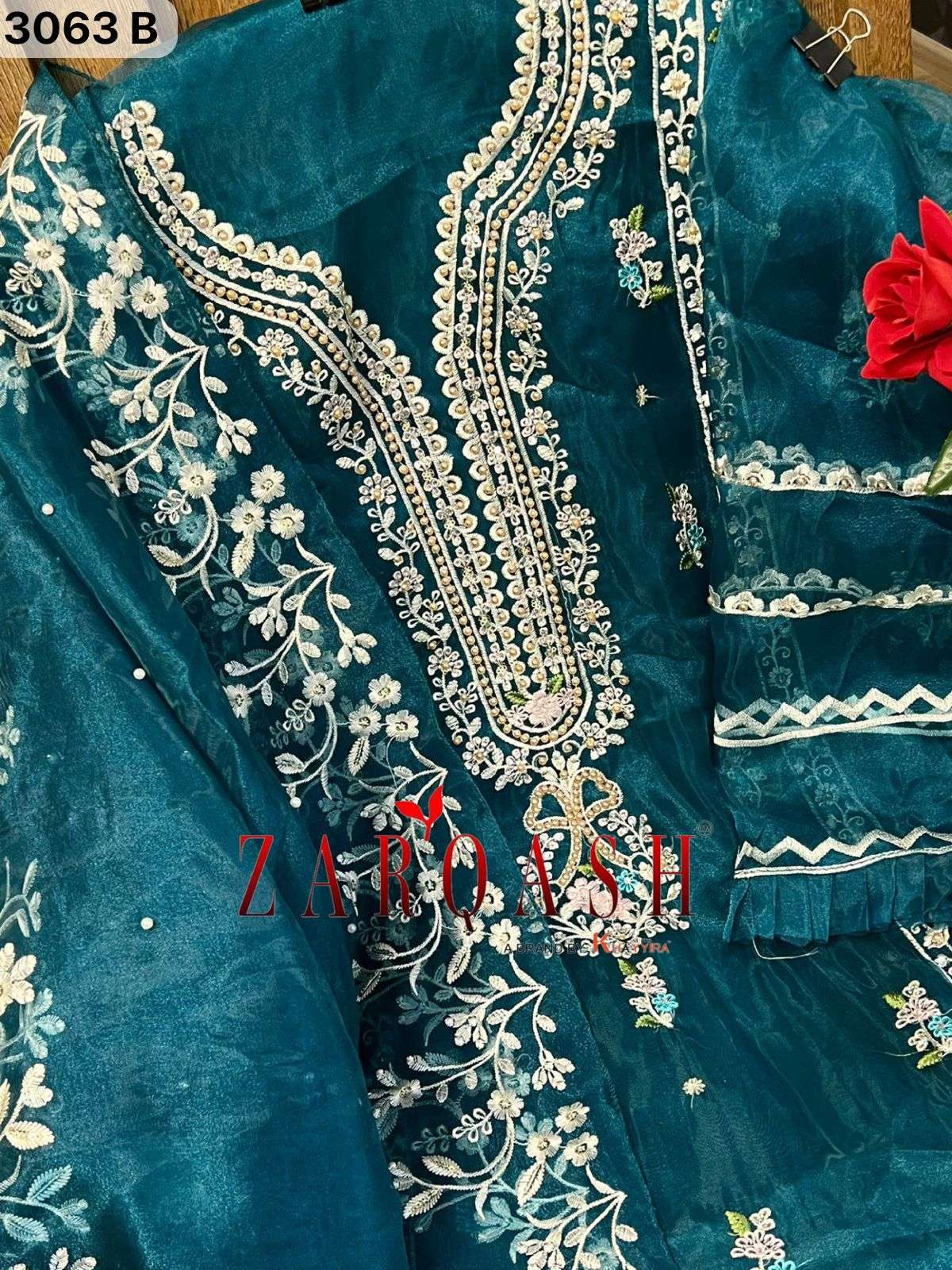 Z- 3063 (A-B-C-D) BY ZARQASH ORGANZA EMBROIDERY WITH STONE WORK DESIGNER SALWAR SUITS 