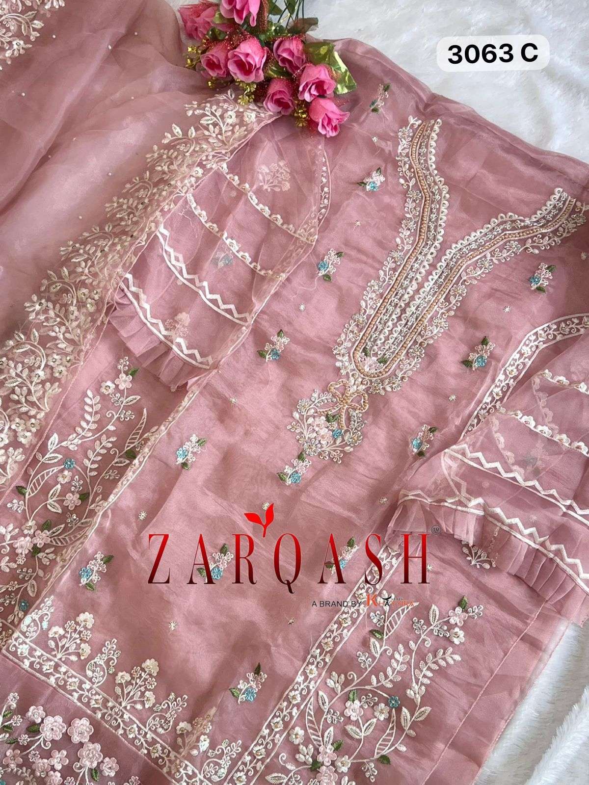 Z- 3063 (A-B-C-D) BY ZARQASH ORGANZA EMBROIDERY WITH STONE WORK DESIGNER SALWAR SUITS 