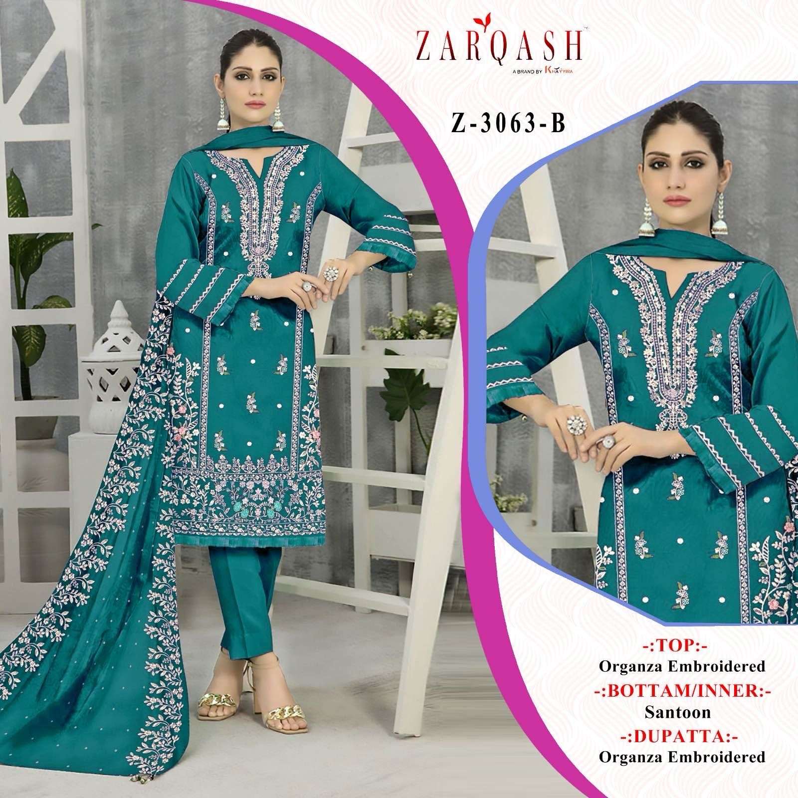 Z- 3063 (A-B-C-D) BY ZARQASH ORGANZA EMBROIDERY WITH STONE WORK DESIGNER SALWAR SUITS 