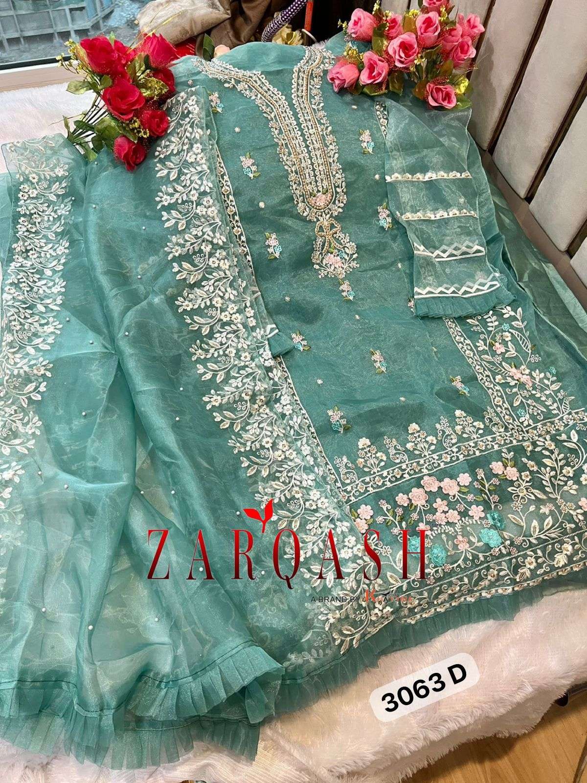 Z- 3063 (A-B-C-D) BY ZARQASH ORGANZA EMBROIDERY WITH STONE WORK DESIGNER SALWAR SUITS 