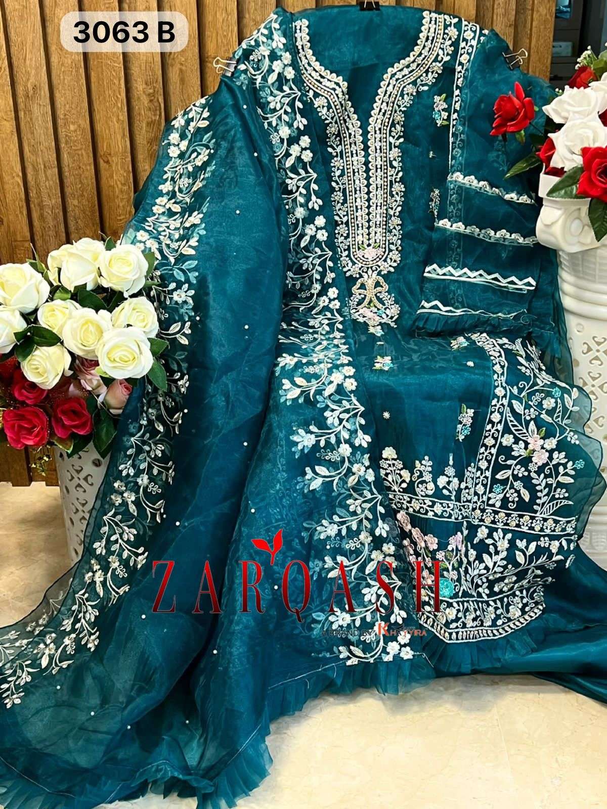 Z- 3063 (A-B-C-D) BY ZARQASH ORGANZA EMBROIDERY WITH STONE WORK DESIGNER SALWAR SUITS 