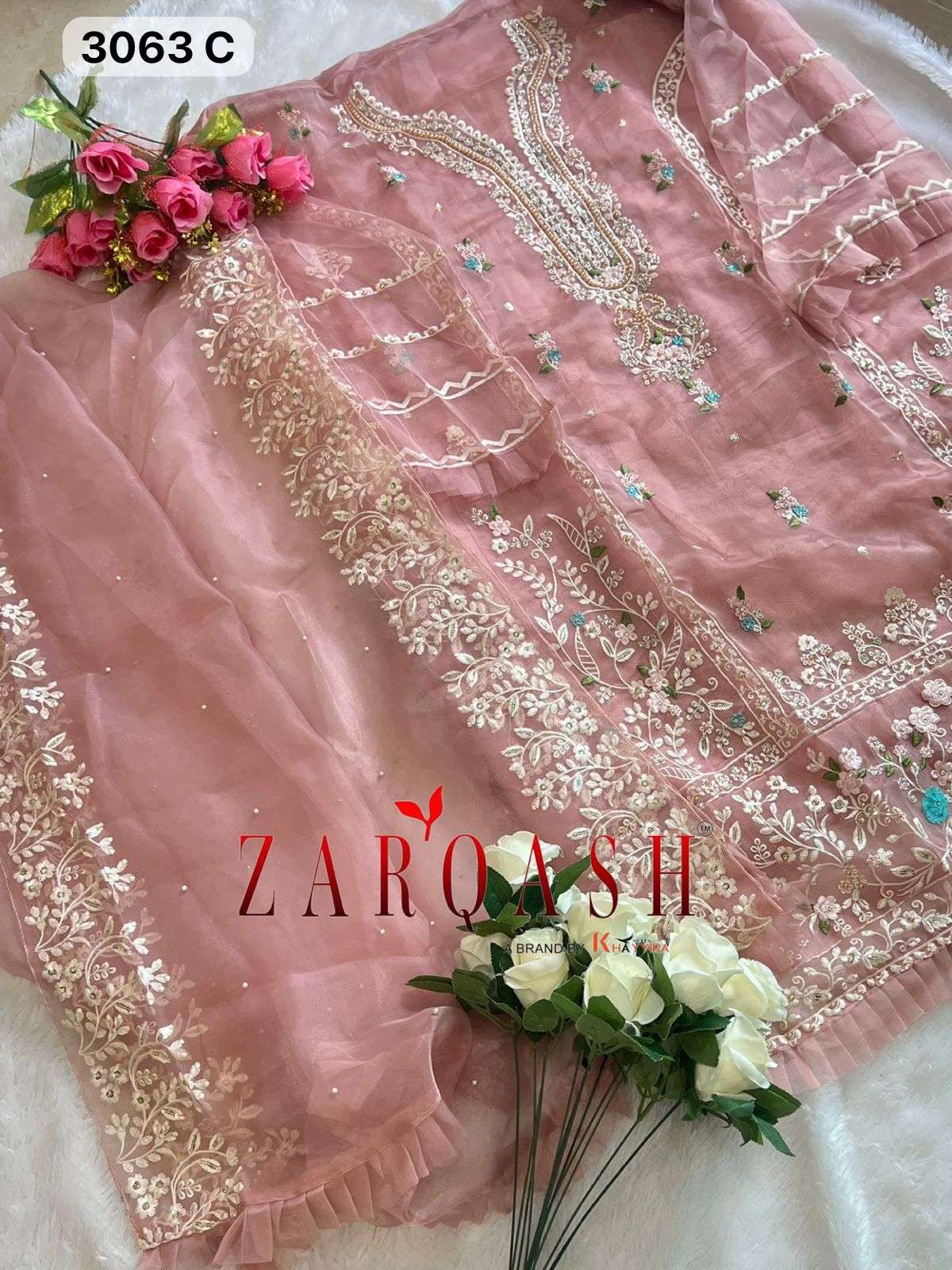 Z- 3063 (A-B-C-D) BY ZARQASH ORGANZA EMBROIDERY WITH STONE WORK DESIGNER SALWAR SUITS 