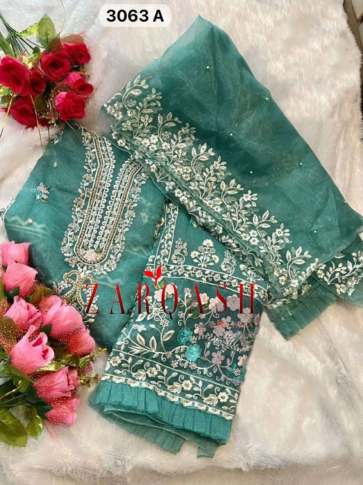 Z- 3063 (A-B-C-D) BY ZARQASH ORGANZA EMBROIDERY WITH STONE WORK DESIGNER SALWAR SUITS 