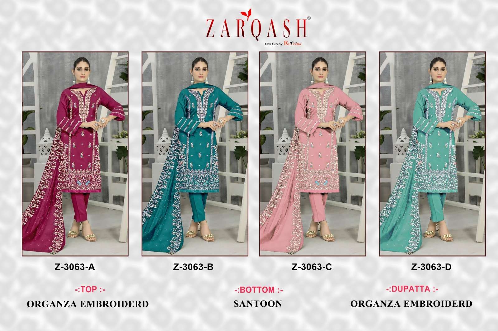 Z- 3063 (A-B-C-D) BY ZARQASH ORGANZA EMBROIDERY WITH STONE WORK DESIGNER SALWAR SUITS 