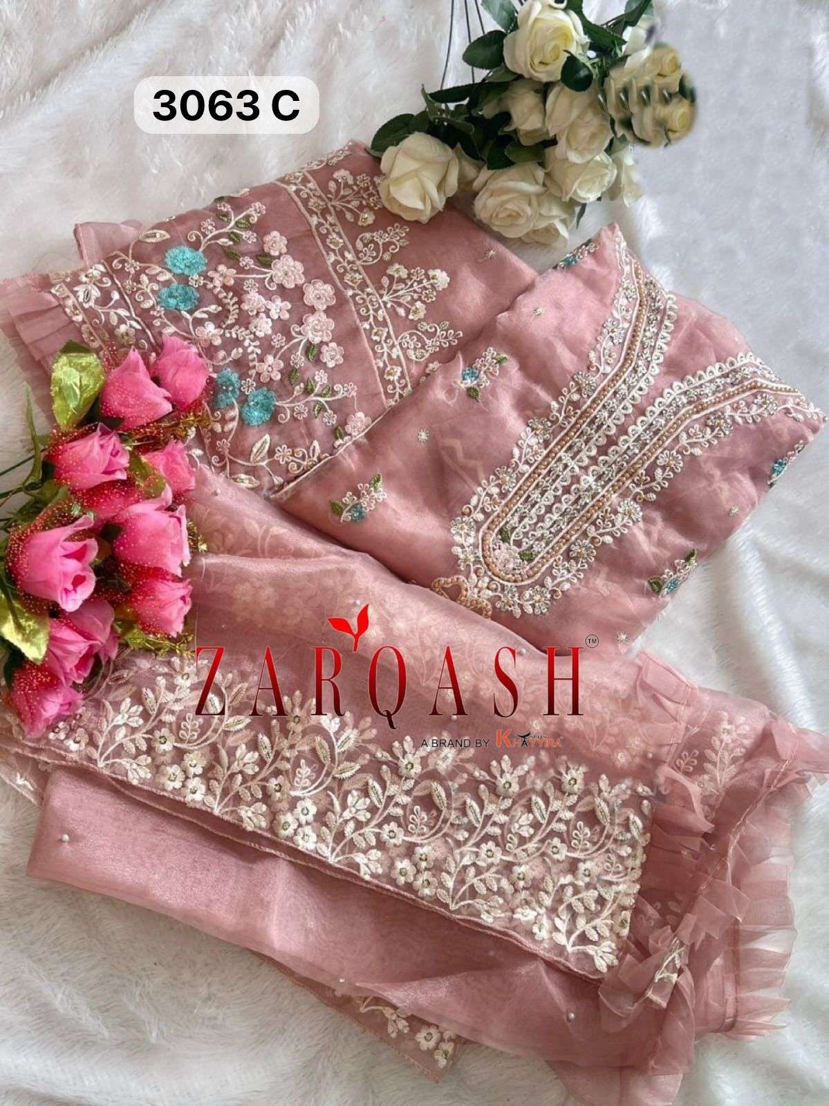 Z- 3063 (A-B-C-D) BY ZARQASH ORGANZA EMBROIDERY WITH STONE WORK DESIGNER SALWAR SUITS 