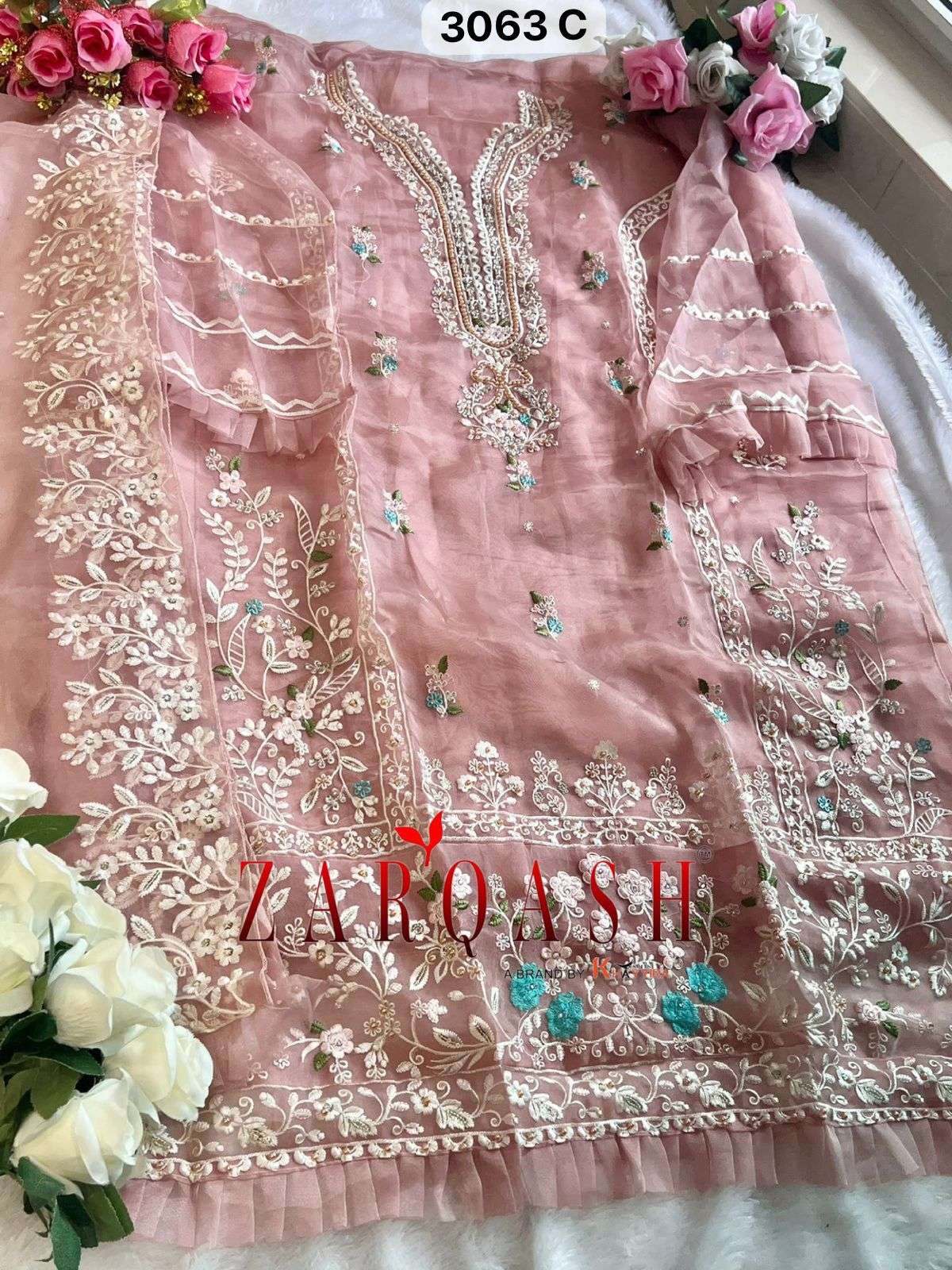 Z- 3063 (A-B-C-D) BY ZARQASH ORGANZA EMBROIDERY WITH STONE WORK DESIGNER SALWAR SUITS 