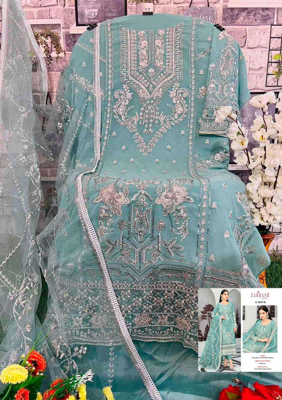 Z-3099 BY ZARQASH FOX GEORGETTE HEAVY EMBROIDERY SALWAR SUITS 