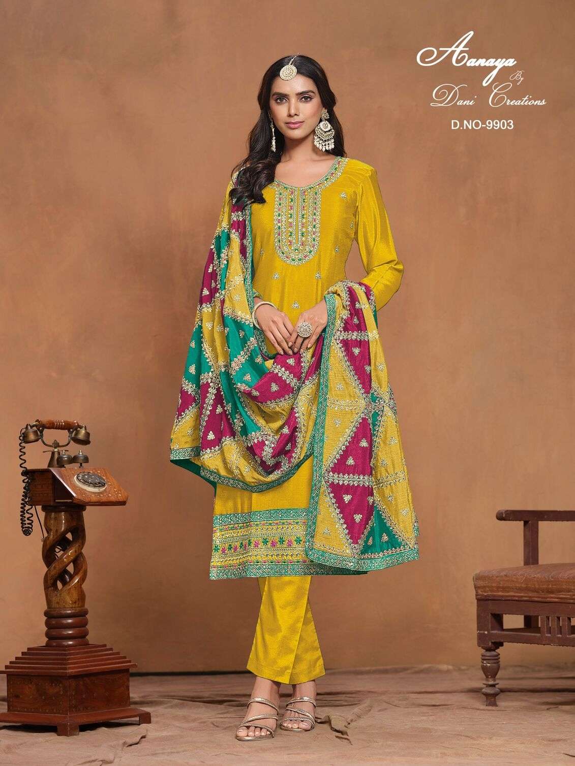 AANAYA VOL-199 BY TWISHA CHINON SILK UNSTICHED SALWAR SUITS WITH TRIANGLE SHAPE PATCH CRAFTING IN DUPATTA 