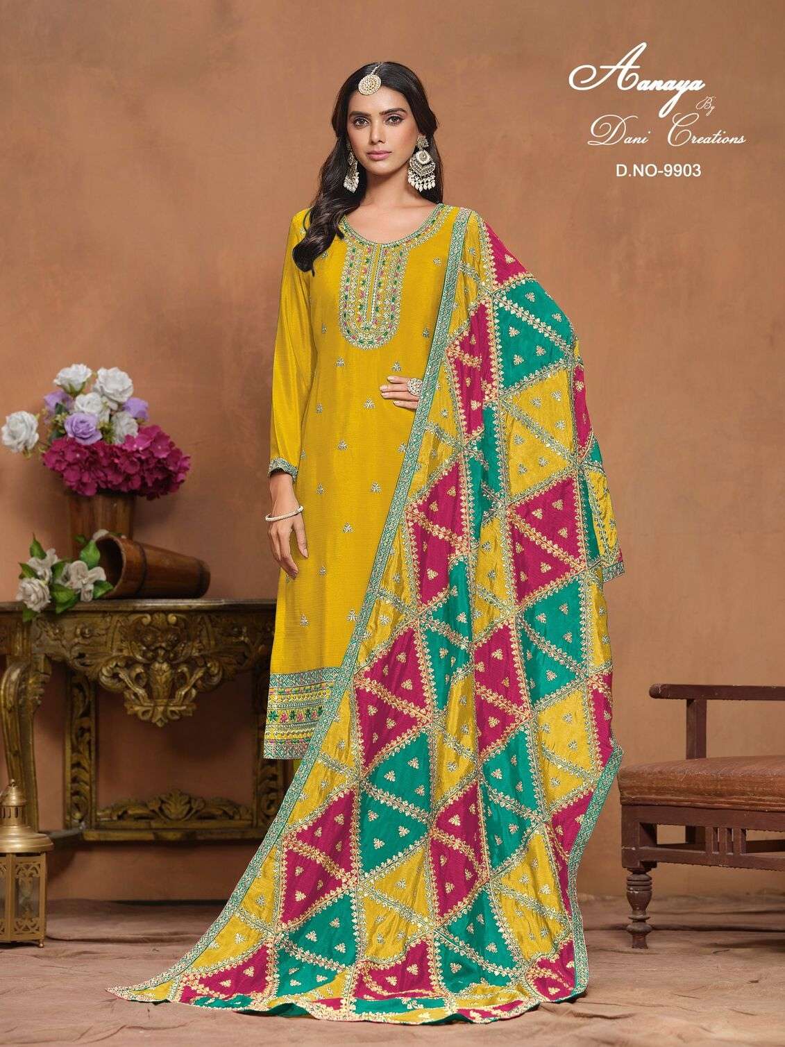 AANAYA VOL-199 BY TWISHA CHINON SILK UNSTICHED SALWAR SUITS WITH TRIANGLE SHAPE PATCH CRAFTING IN DUPATTA 