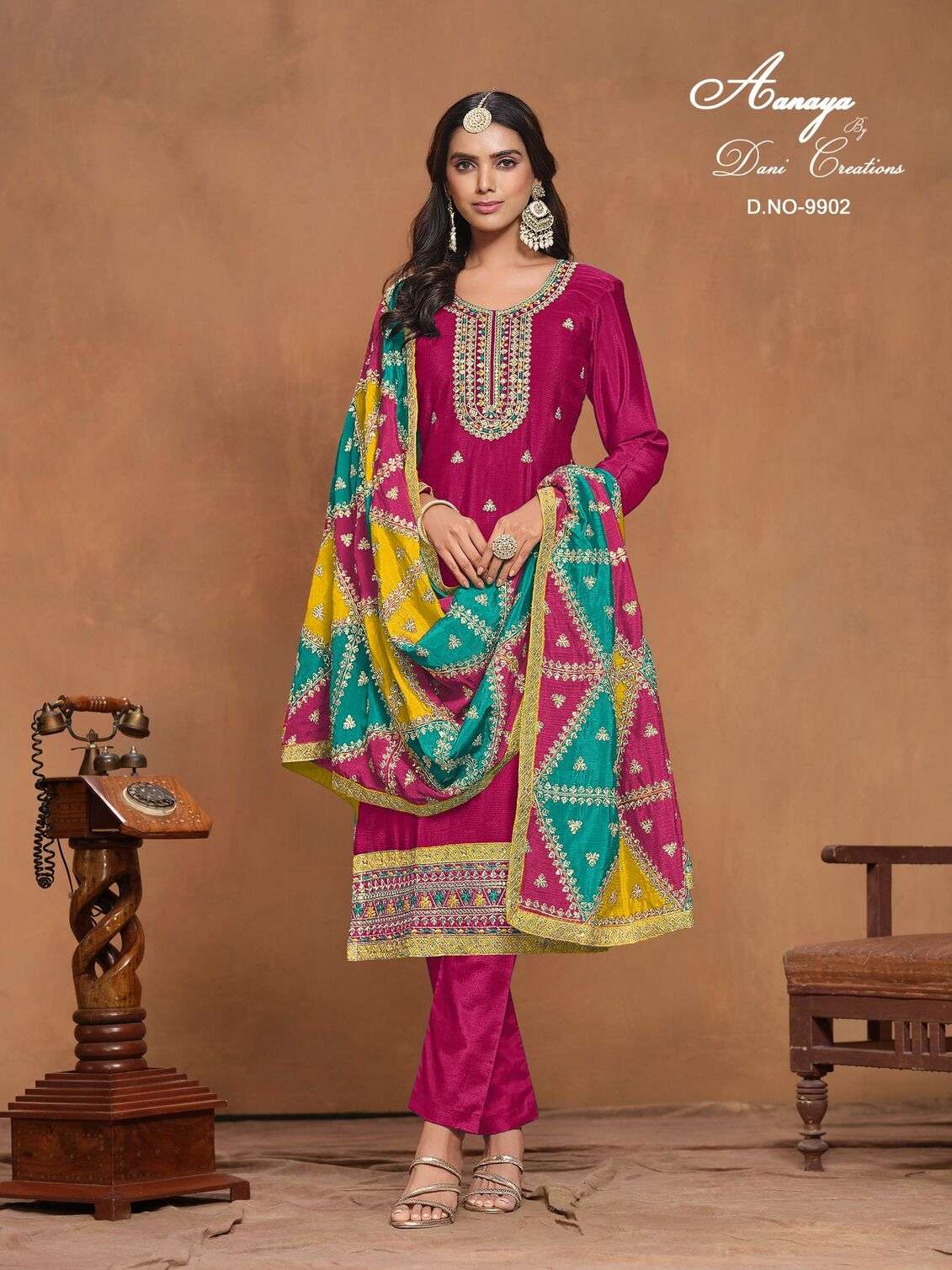 AANAYA VOL-199 BY TWISHA CHINON SILK UNSTICHED SALWAR SUITS WITH TRIANGLE SHAPE PATCH CRAFTING IN DUPATTA 