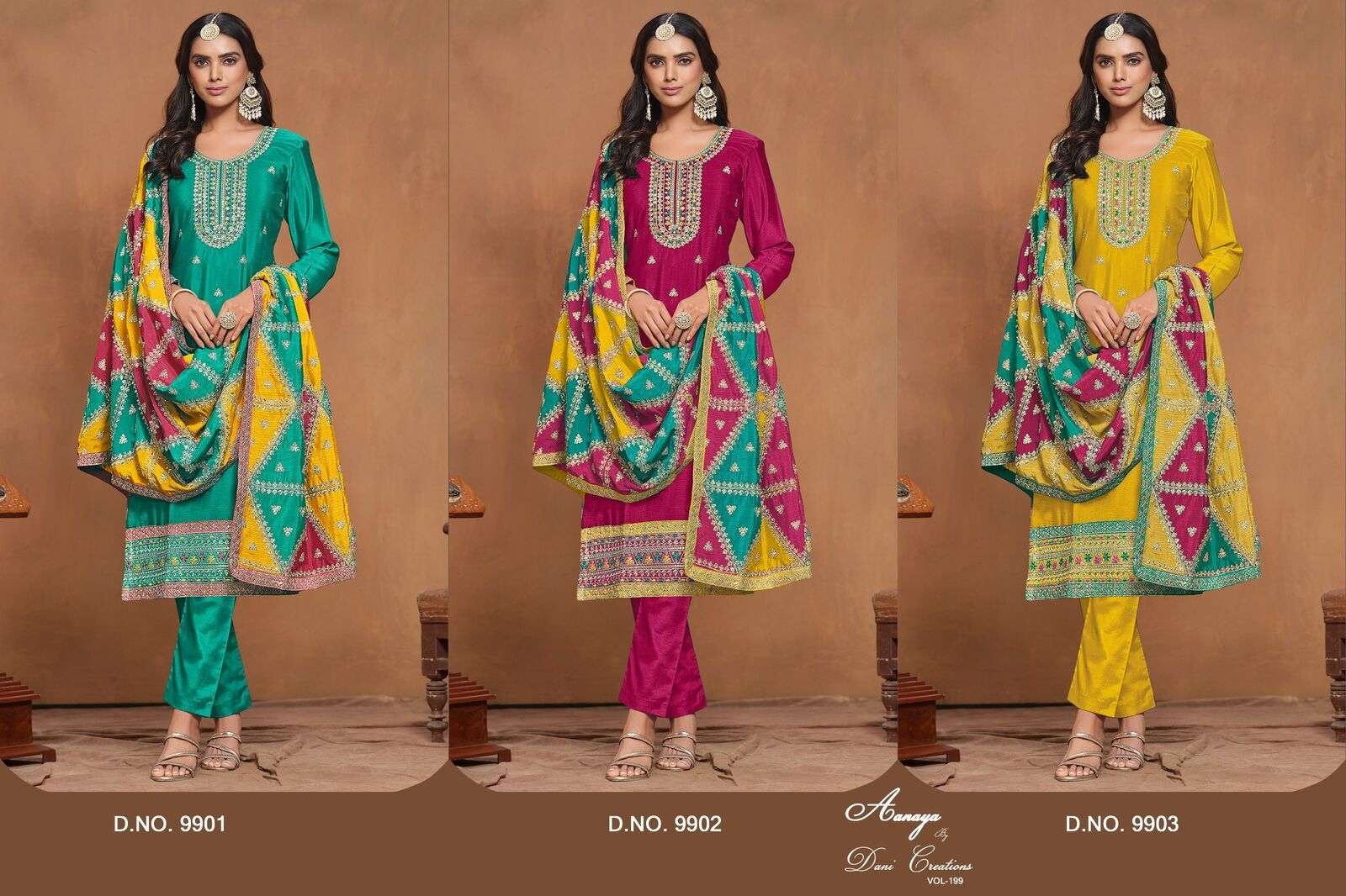 AANAYA VOL-199 BY TWISHA CHINON SILK UNSTICHED SALWAR SUITS WITH TRIANGLE SHAPE PATCH CRAFTING IN DUPATTA 