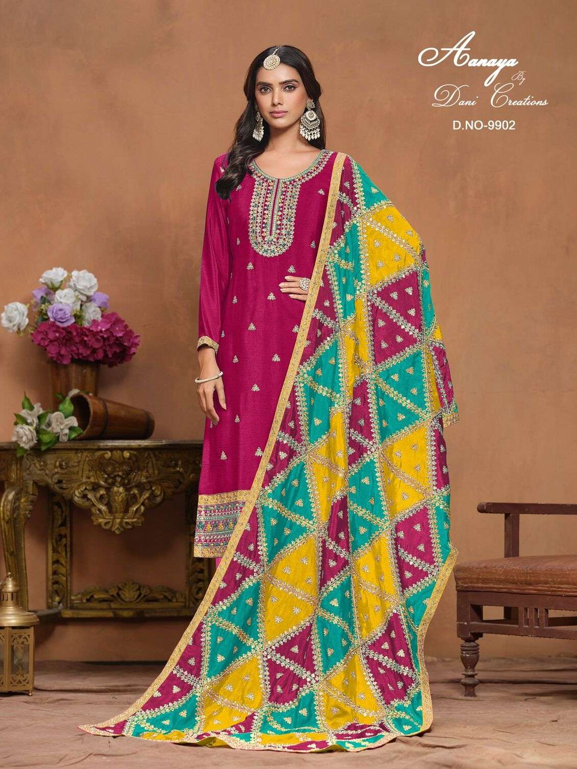 AANAYA VOL-199 BY TWISHA CHINON SILK UNSTICHED SALWAR SUITS WITH TRIANGLE SHAPE PATCH CRAFTING IN DUPATTA 