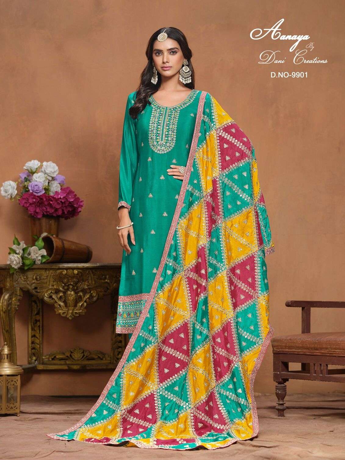 AANAYA VOL-199 BY TWISHA CHINON SILK UNSTICHED SALWAR SUITS WITH TRIANGLE SHAPE PATCH CRAFTING IN DUPATTA 