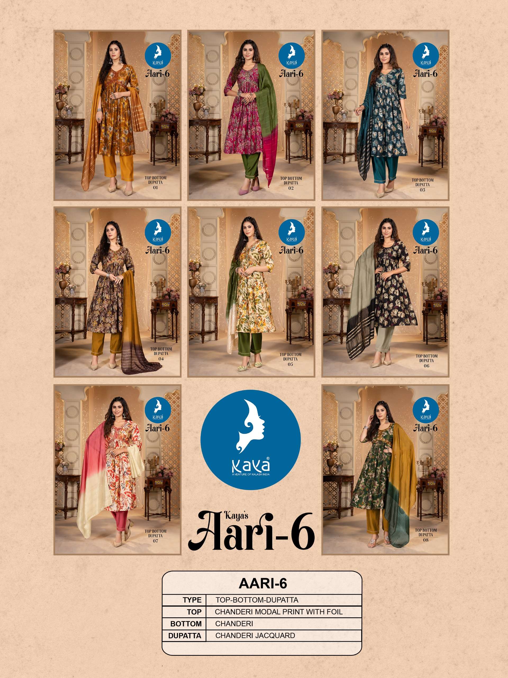 AARI VOL-6 BY KAYA KURTI CHANDERI MODAL FOIL PRINT ALIYA CUT 3 PIECE SET