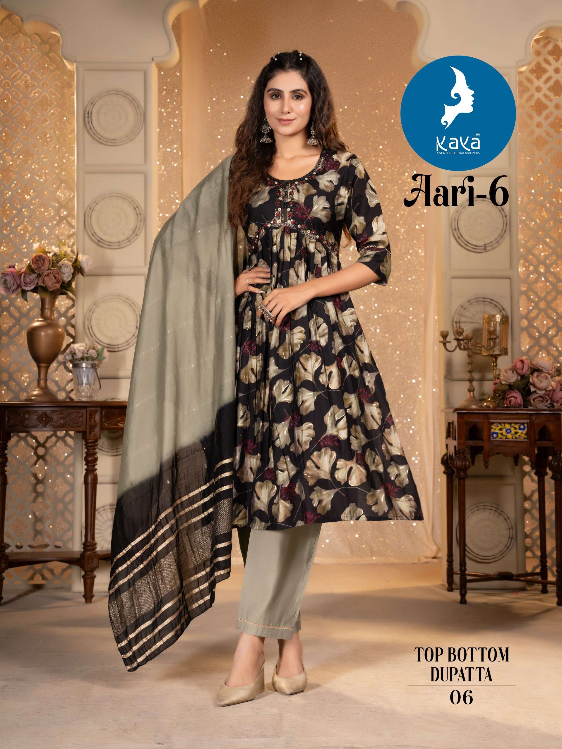 AARI VOL-6 BY KAYA KURTI CHANDERI MODAL FOIL PRINT ALIYA CUT 3 PIECE SET