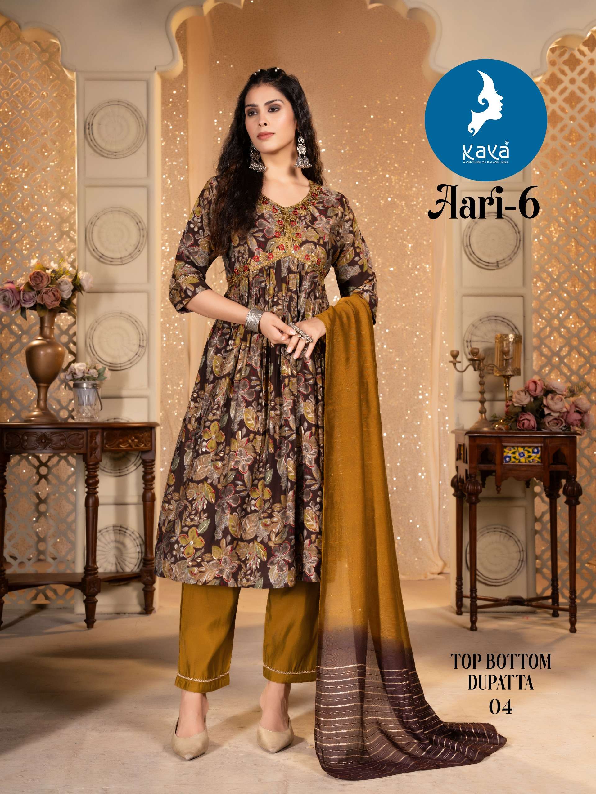 AARI VOL-6 BY KAYA KURTI CHANDERI MODAL FOIL PRINT ALIYA CUT 3 PIECE SET