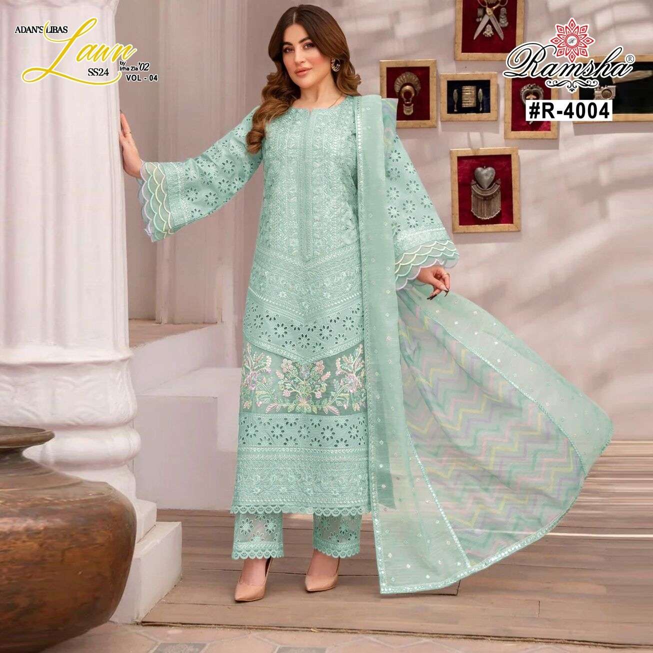 ADAN LIBAS VOL-4 BY RAMSHA CAMBRIC COTTON PRINT EMBROIDERY KURTI PANT DUPATTA WITH INNER   