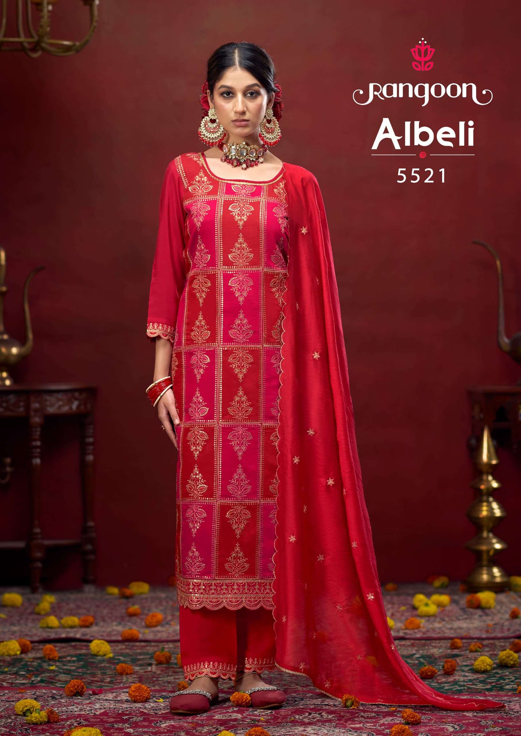 ALBELI BY RANGOON SILK WITH FANCY WORK KURTI LACE WORK PANT & EMBROIDERY DUPATTA 