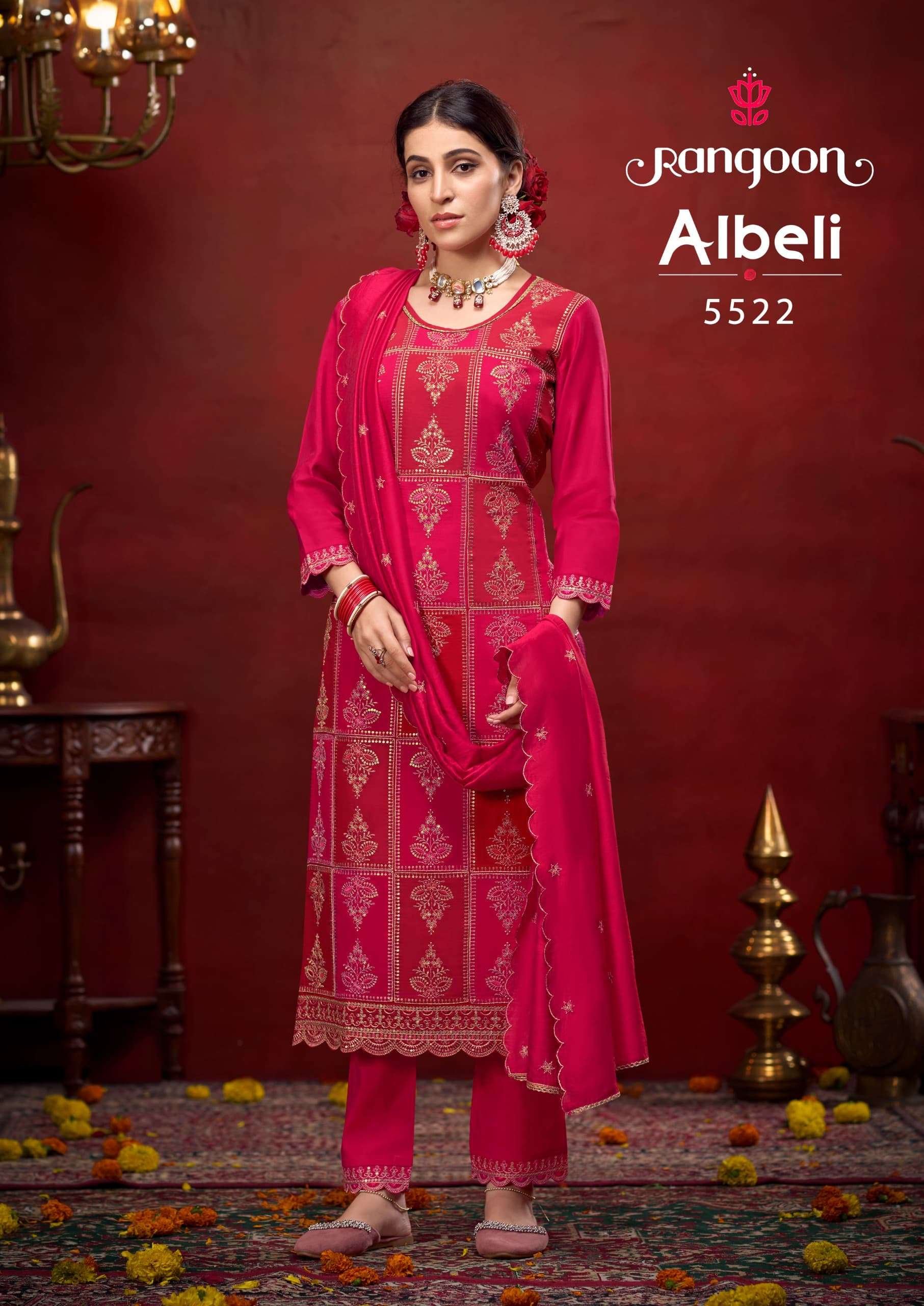 ALBELI BY RANGOON SILK WITH FANCY WORK KURTI LACE WORK PANT & EMBROIDERY DUPATTA 